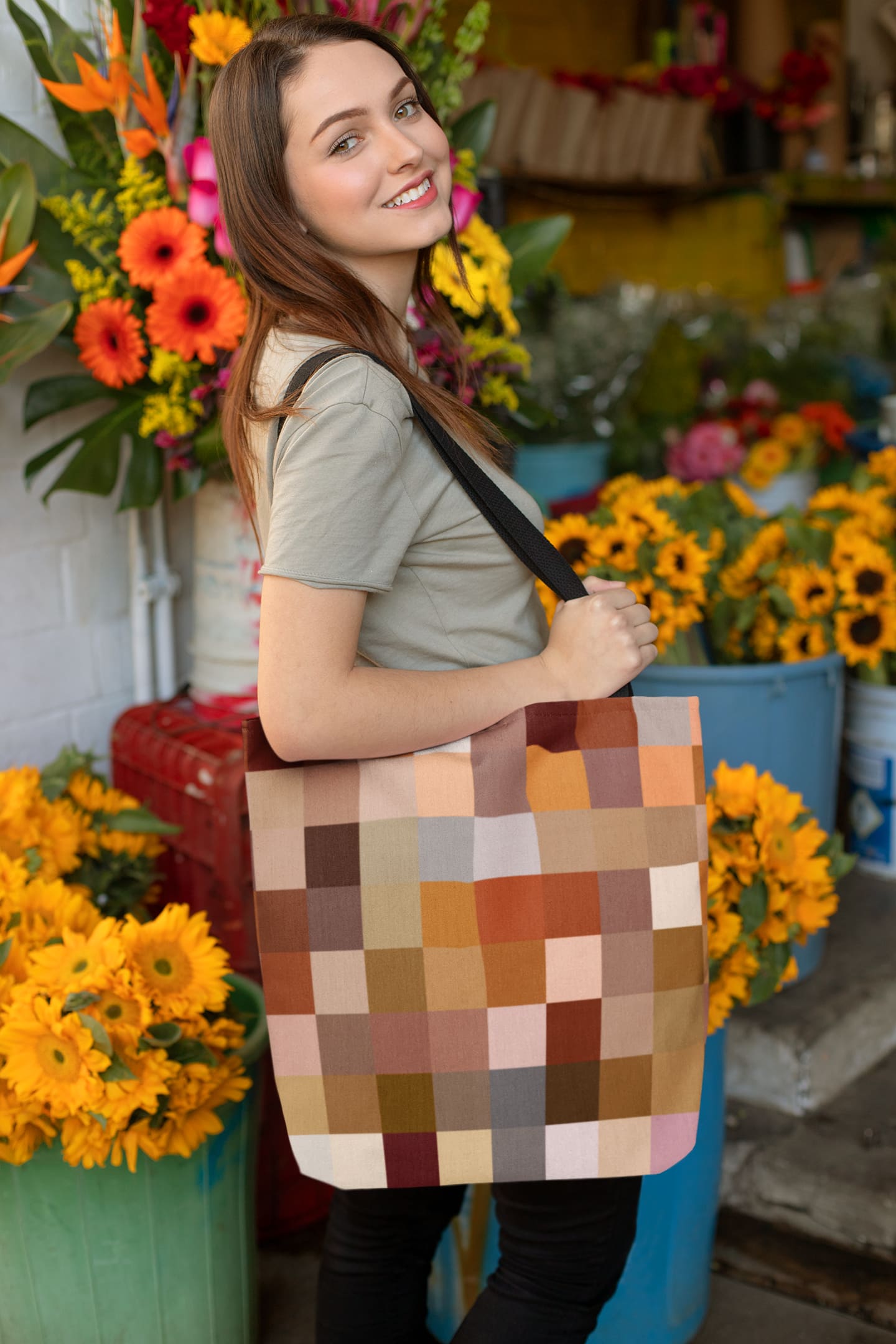 Large Tote Bags - Natural Brown Colorblock Print