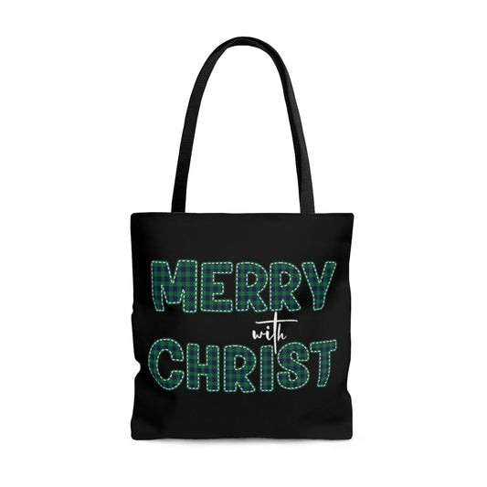 Large Tote Bag - Merry with Christ - Green Plaid Christmas Holiday Print
