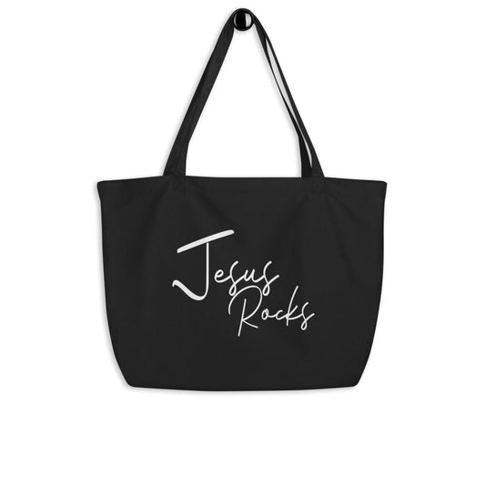 Large Black Tote Bag - Jesus Rocks Inspirational Print